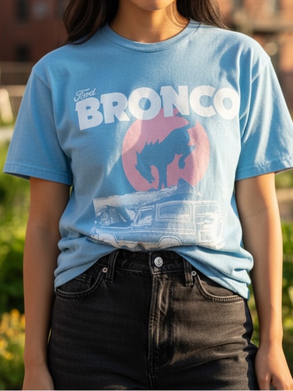 NWT Ford Bronco Graphic Tee - Sky Blue with Pink & White Print
